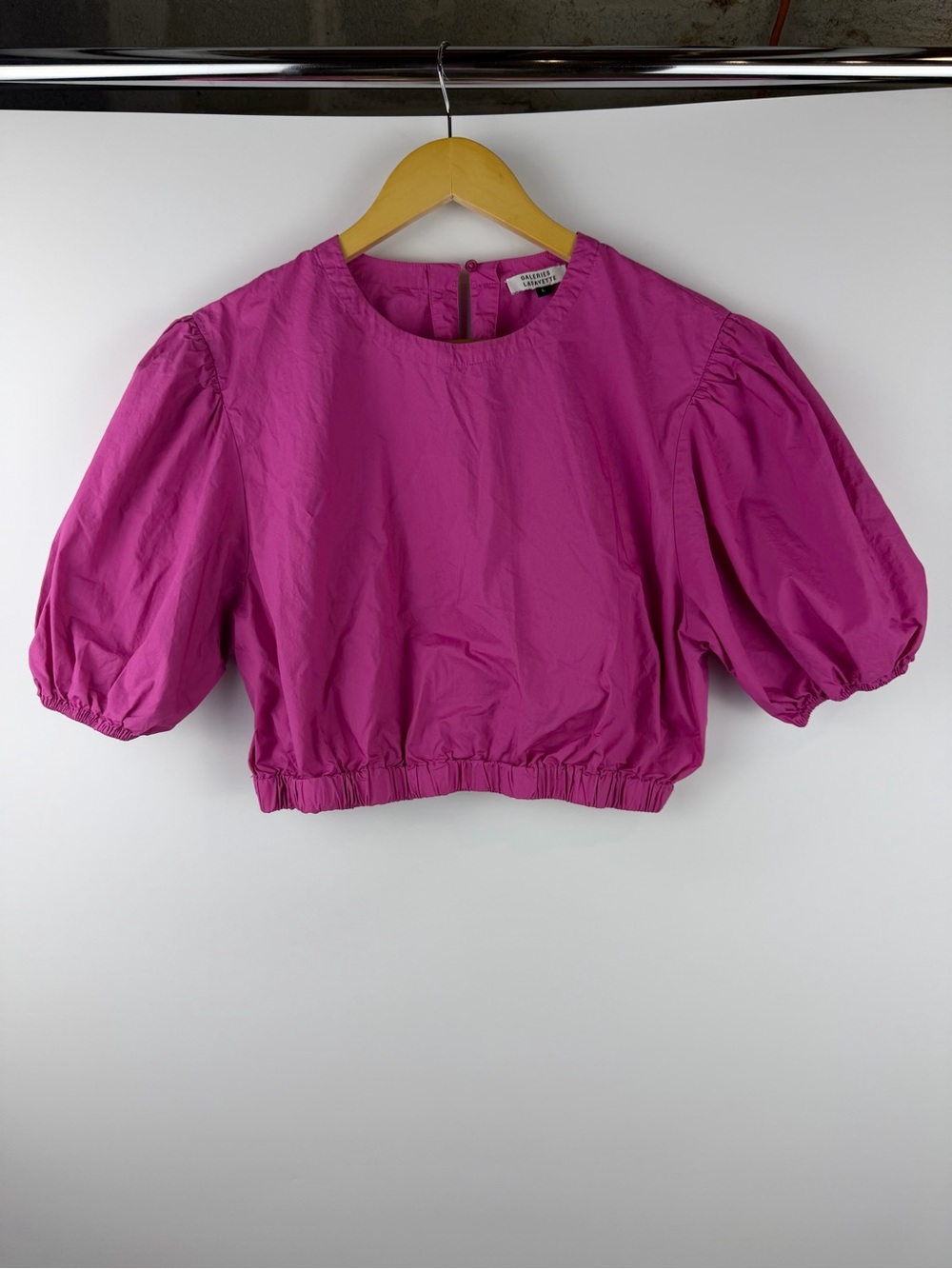 Galeries Lafayette Magenta Puff Sleeve Cropped Blouse Cotton Keyhole Back Sz L
